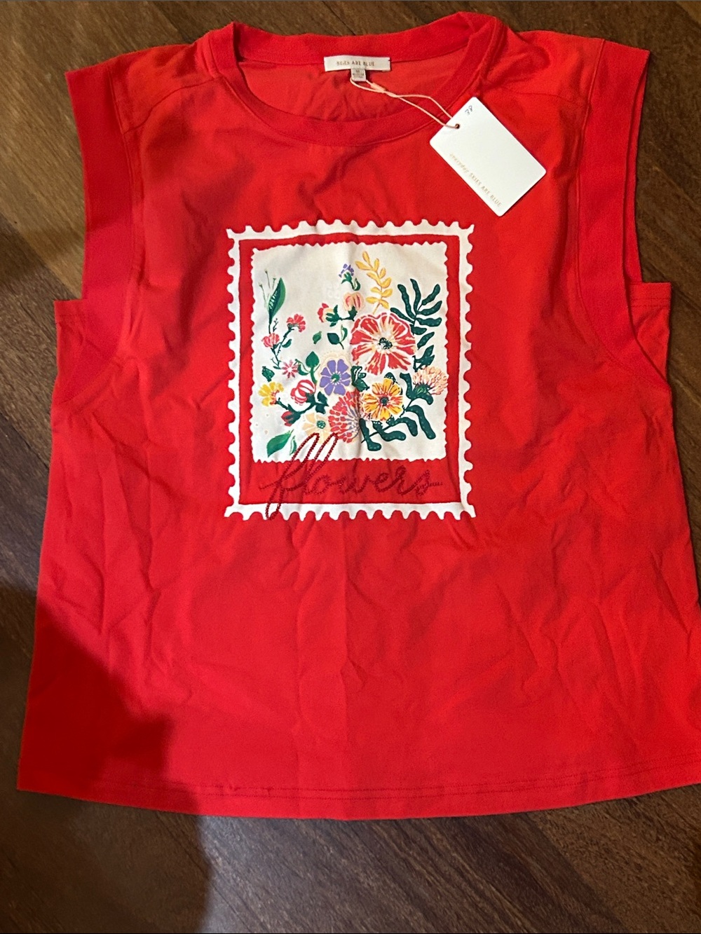 Skies Are Blue Red Sleeveless Floral Stamp Tank, Medium, NWT